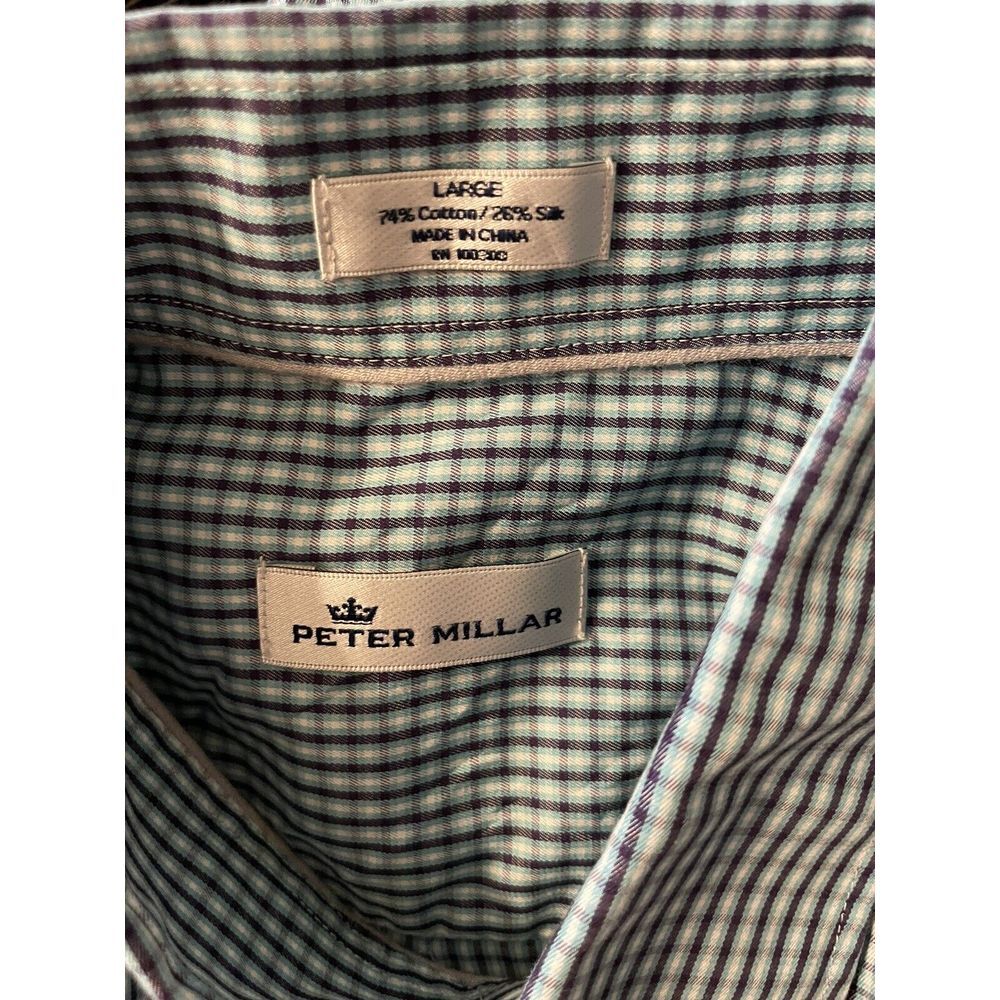 Peter Millar Men's Short Sleeve Button Down Sz L Silk Cotten Blend Blue Checkers - Picture 2 of 7